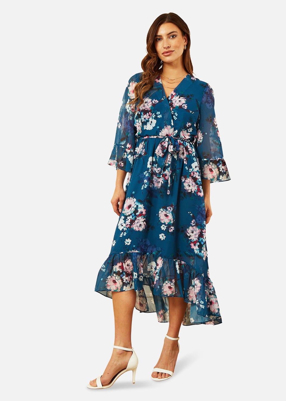 Yumi Бирюзовое платье миди с глубоким подолом и цветочным принтом