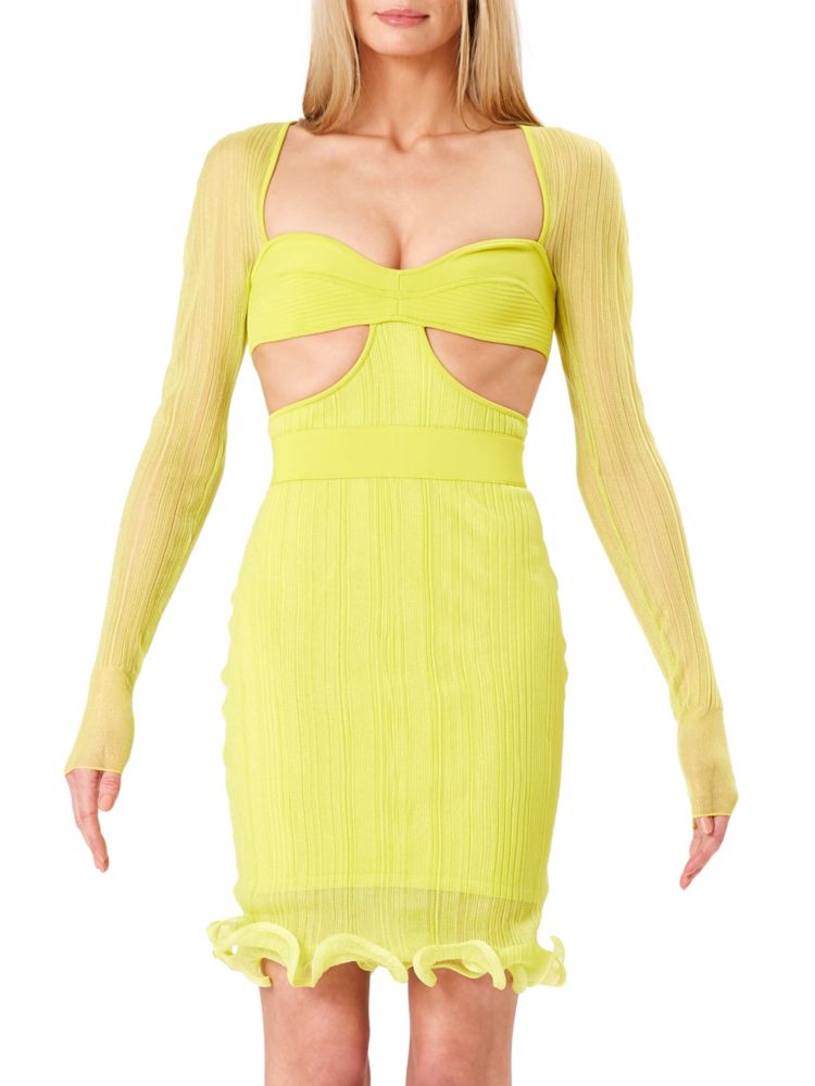 Мини-платье-футляр с прозрачным вырезом Herve Leger, цвет Chartreuse мини платье с эффектом металлик herve leger цвет silver foil