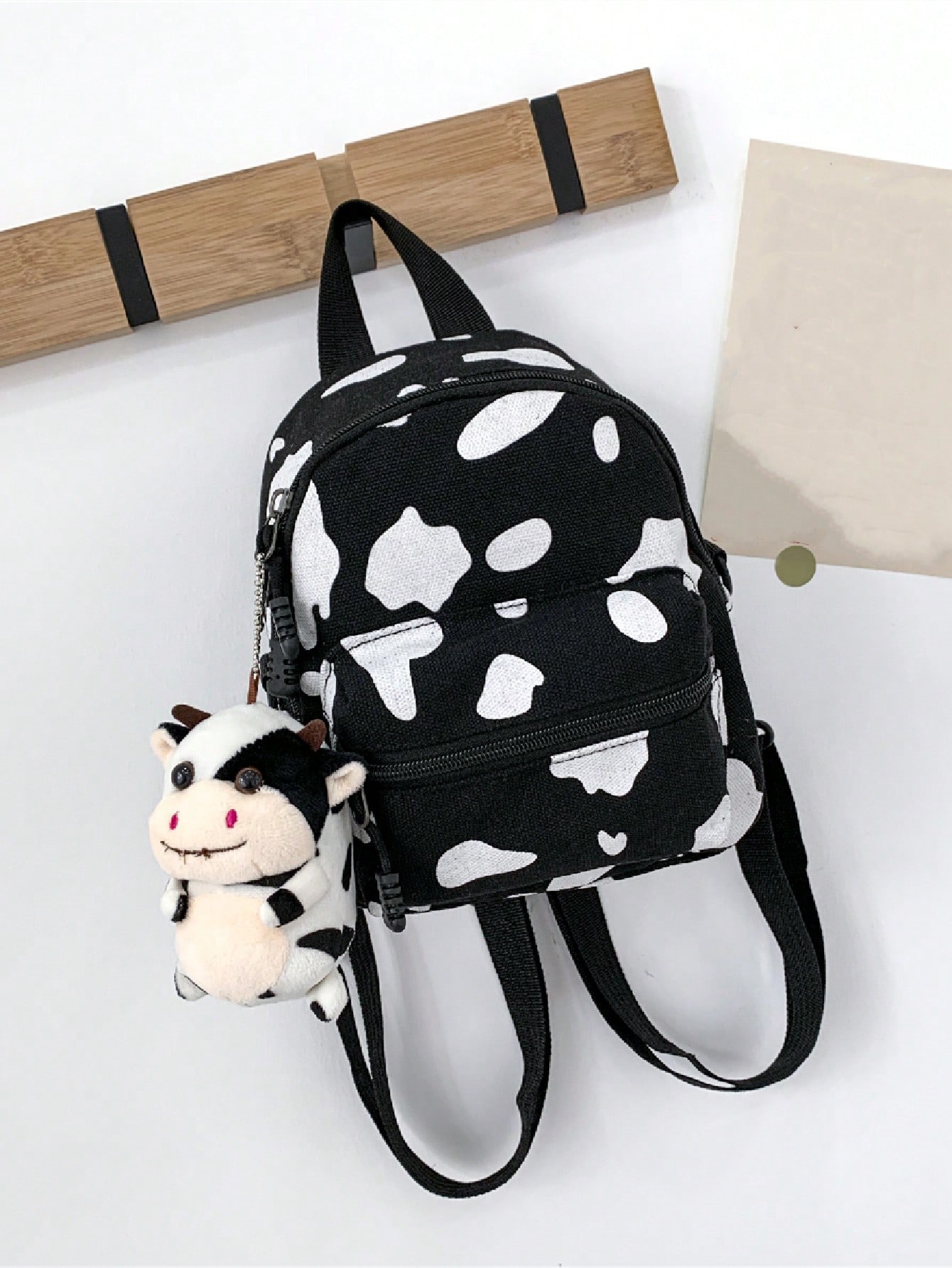 Легкий мини-классический рюкзак с рисунком коровы с сумкой, черное и белое легкий портативный однотонный вельветовый модный повседневный рюкзак черный