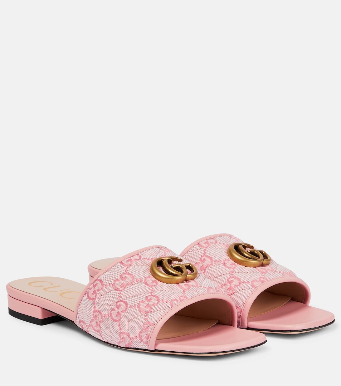

Холщовые шлепанцы Double G с кожаной отделкой Gucci, розовый