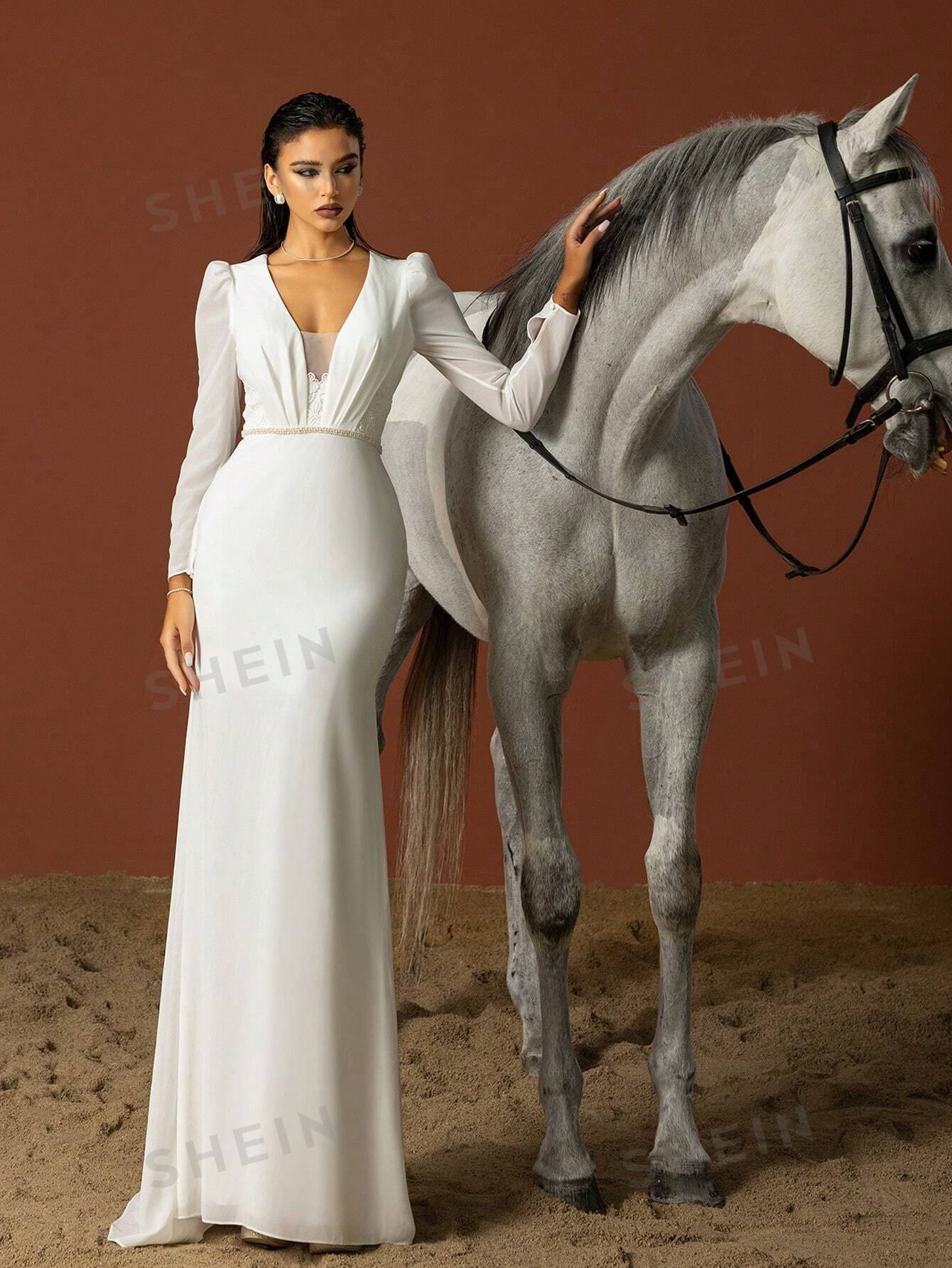 Женское простое легкое свадебное платье во французском стиле с глубоким V-образным вырезом и длинными рукавами, белый женское свадебное платье с разрезом кружевное платье до пола со шлейфом и v образным вырезом