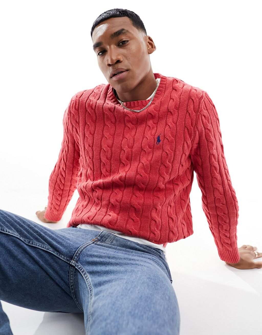 

Красный меланжевый джемпер хлопковой вязки с логотипом Polo Ralph Lauren