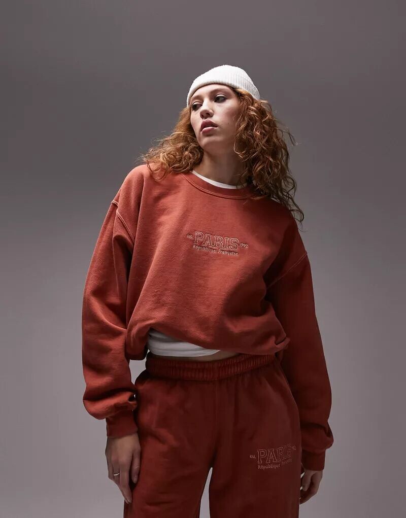 

Толстовка Topshop в винтажном стиле с вышивкой цвета ржавчины и графической вышивкой "Париж", Коричневый