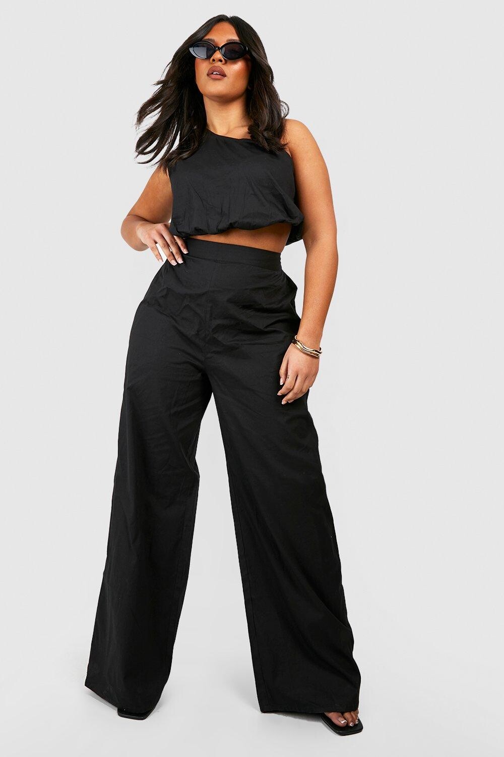 

Топ плюс из поплина и широкие брюки, две части Boohoo, черный