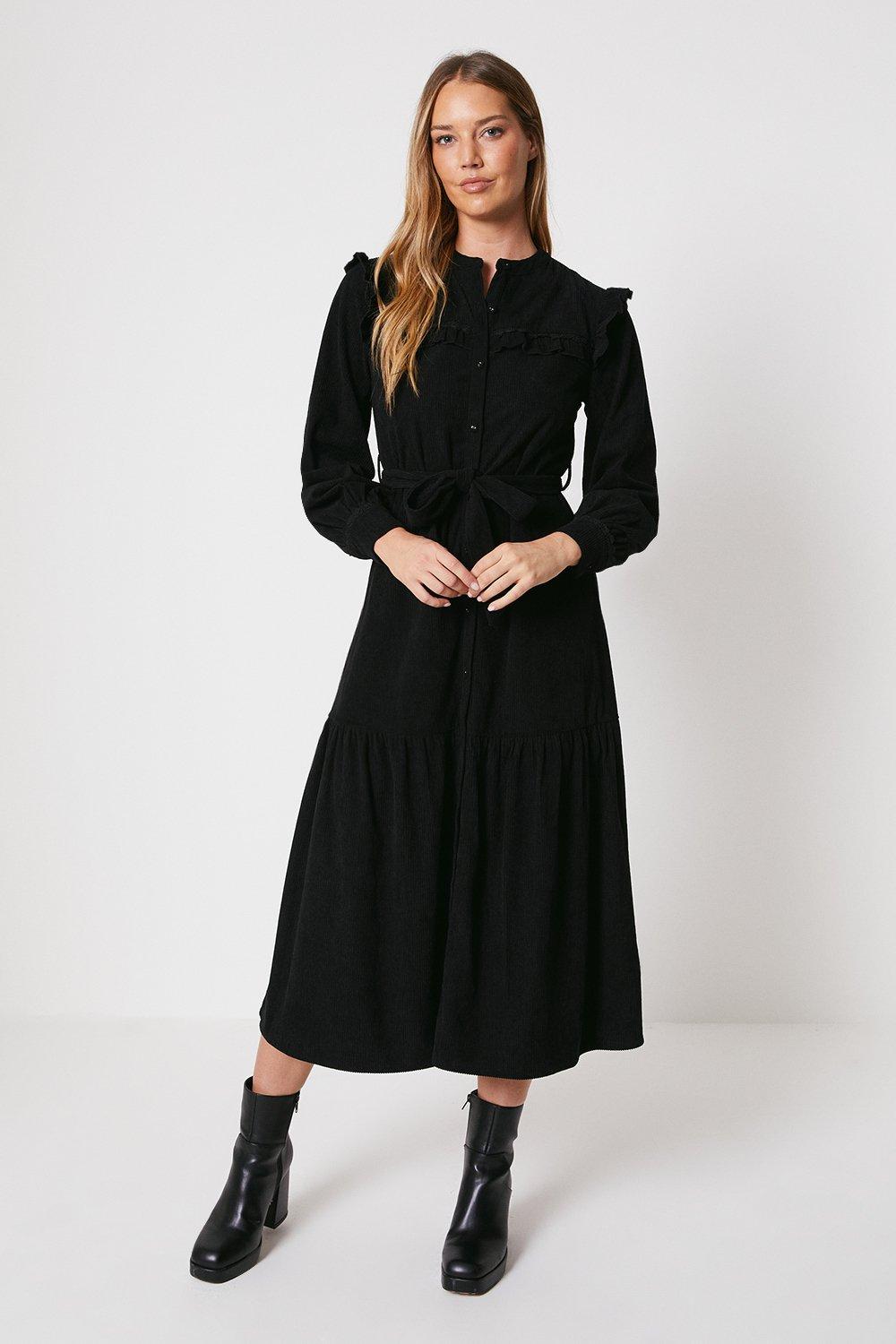 Платье миди с поясом и вельветовой оборкой Oasis, черный icontemporary платье с оборкой белое