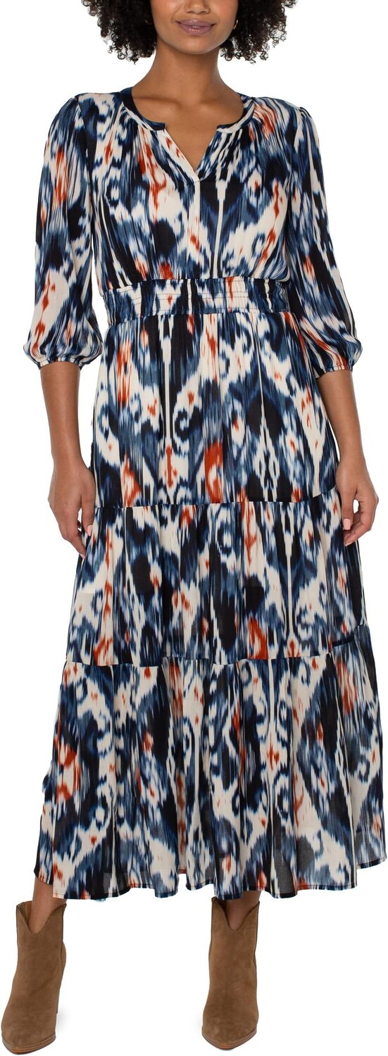 

Тканое многоярусное платье макси с рукавами 3/4 Liverpool Los Angeles, цвет All Over Ikat Print