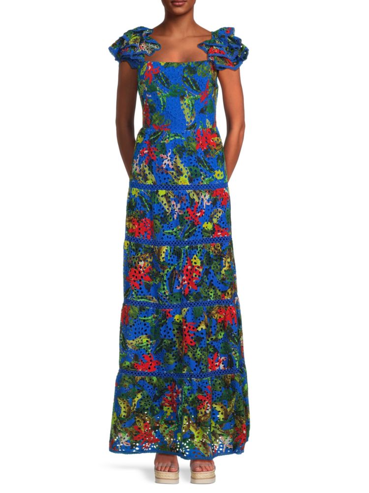Многоуровневое платье макси Tawny с цветочным принтом и люверсами Alice + Olivia, цвет Tropical Sun цена и фото