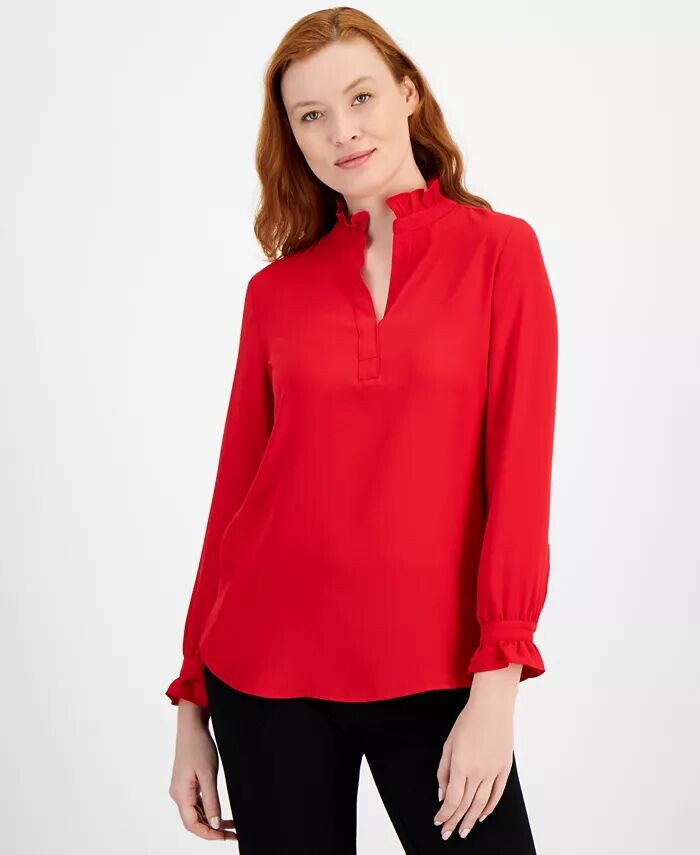 

Женский топ с длинными рукавами и вырезом с оборками Anne Klein, красный