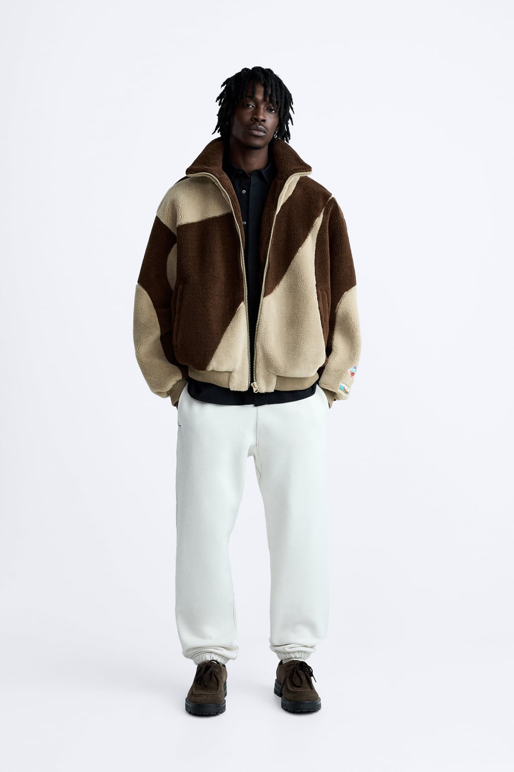 Куртка из искусственной овчины в стиле колор-блок ZARA, бежево-коричневый