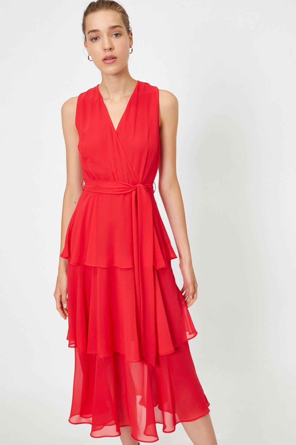 Женское шифоновое платье с поясом и рюшами Koton, красный