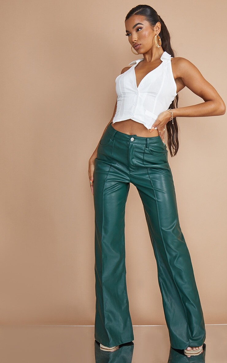 

PrettyLittleThing Широкие брюки из искусственной кожи бутылочно-зеленого цвета со швами, Зеленый