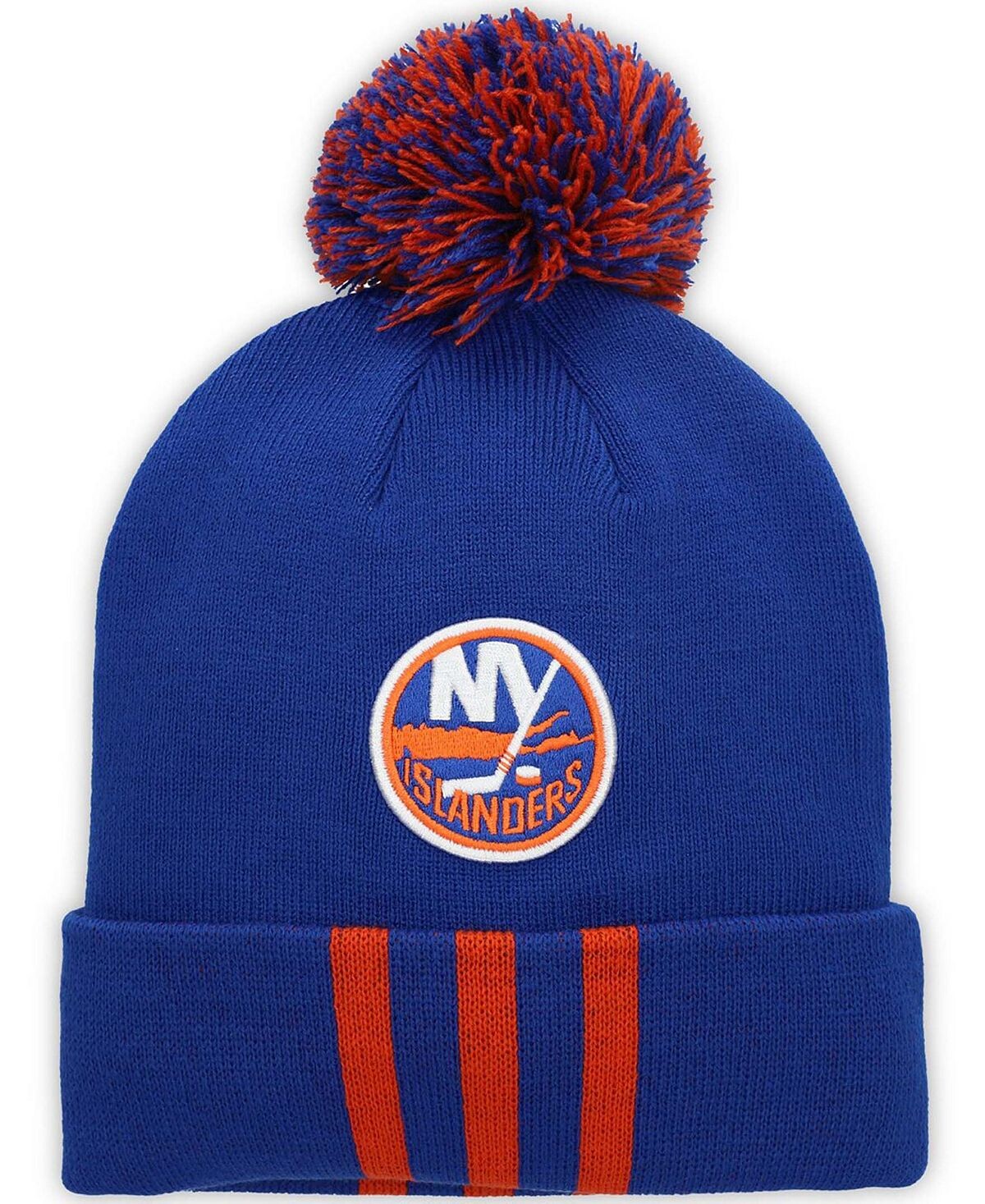 

Мужская вязаная шапка Royal New York Islanders с тремя полосками и манжетами и помпоном adidas