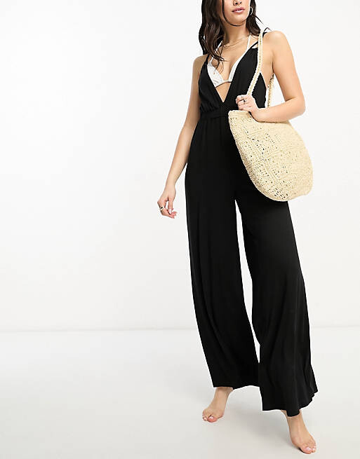 

Черный пляжный комбинезон с двумя бретелями ASOS DESIGN