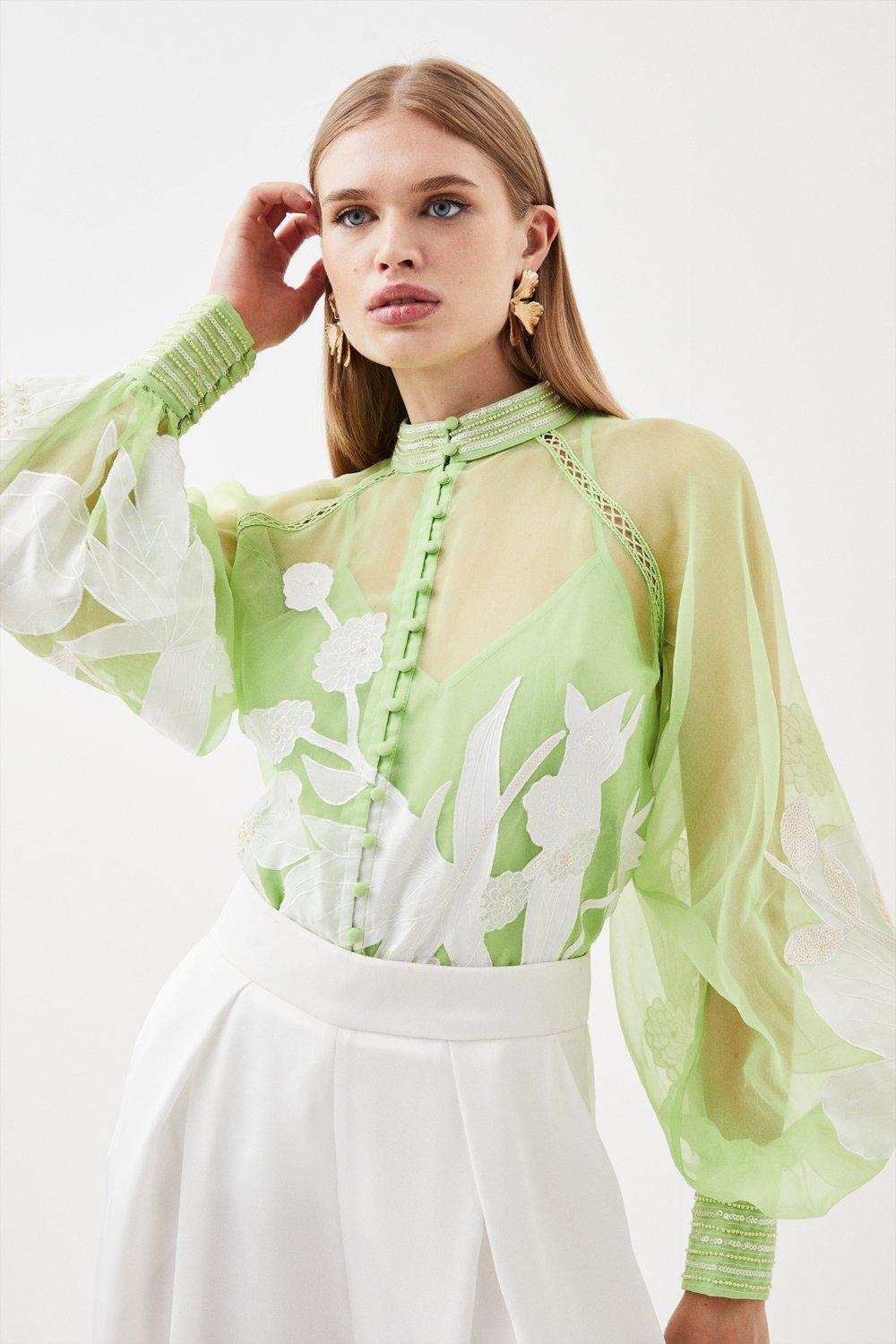 цена Тканая блузка на пуговицах с аппликацией из органди Karen Millen, зеленый
