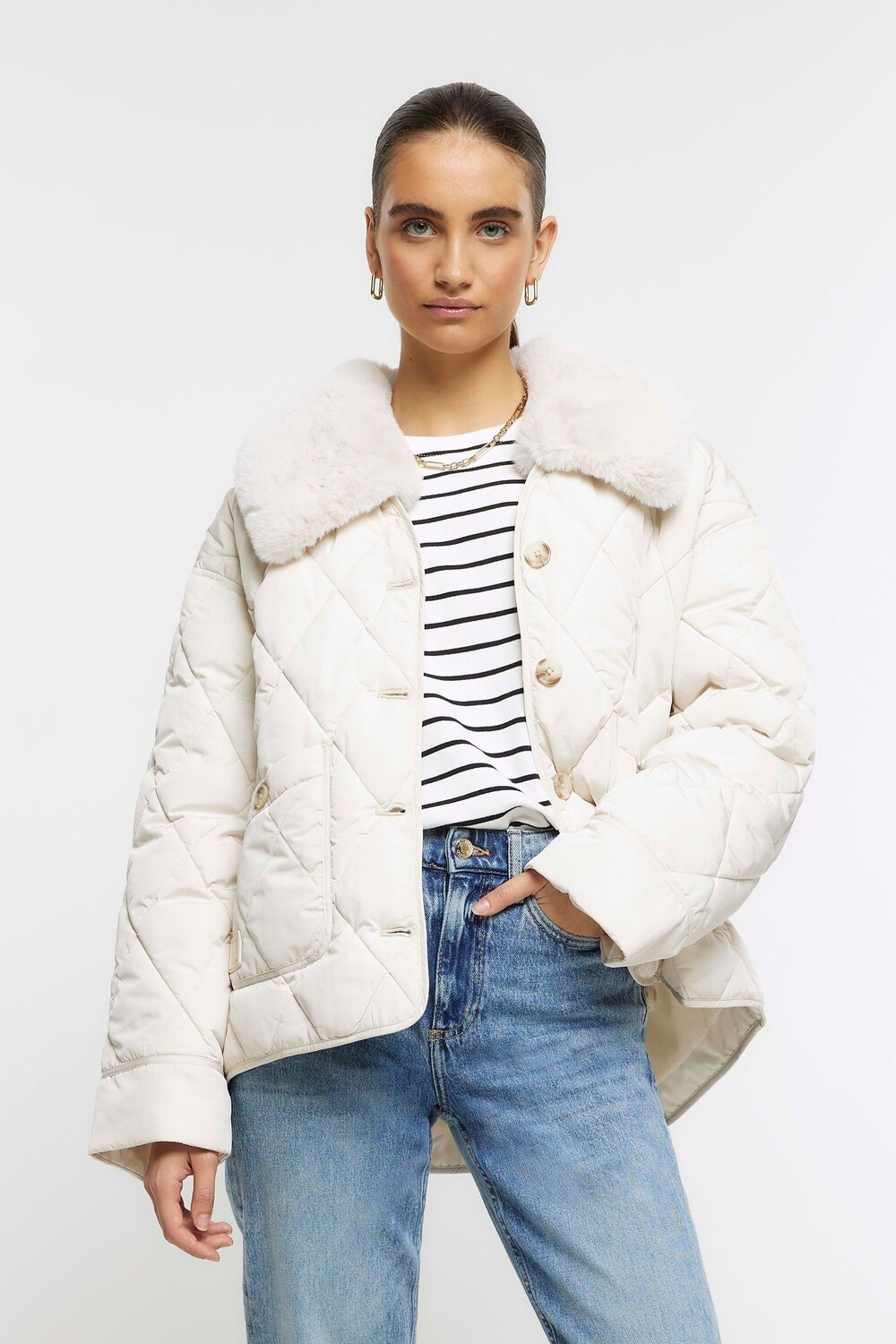 

Утепленное пальто с воротником из искусственного меха River Island, бежевый