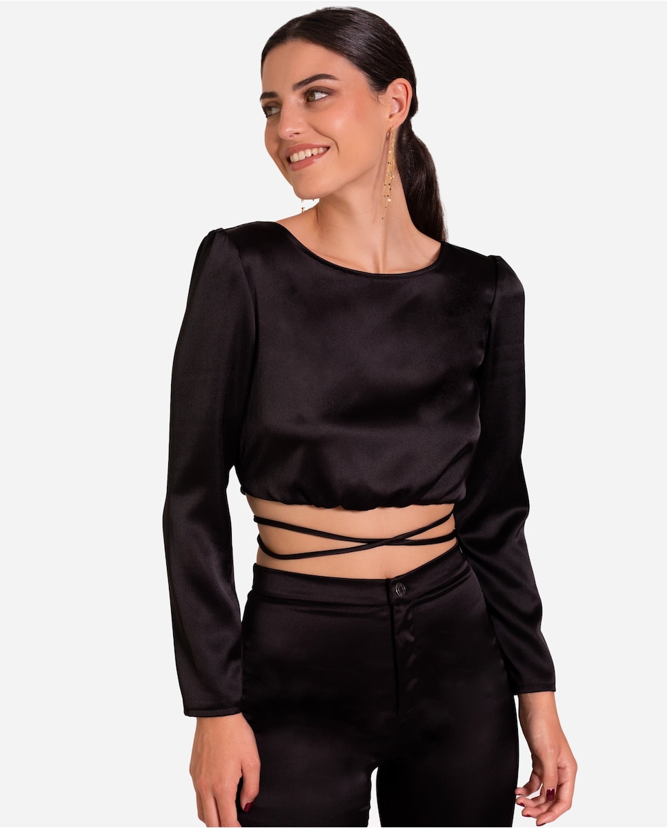 Женская атласная блузка с открытой спиной и длинными рукавами The-Are, черный