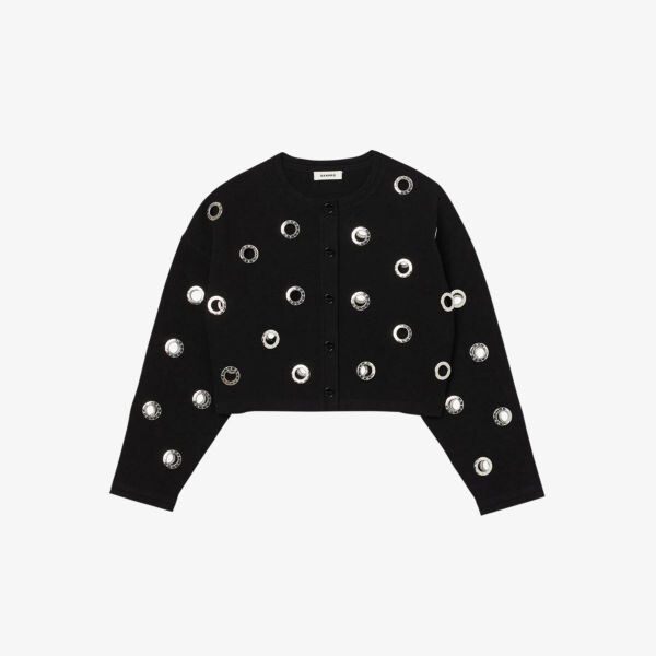 

Укороченный вязаный кардиган с люверсами Sandro, цвет noir / gris
