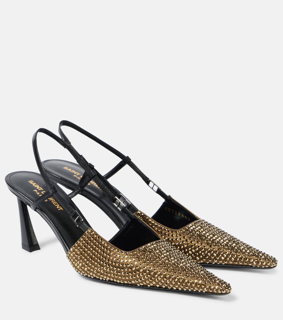 

Декорированные атласные туфли с открытой пяткой Saint Laurent, цвет kaki/nero/startlight