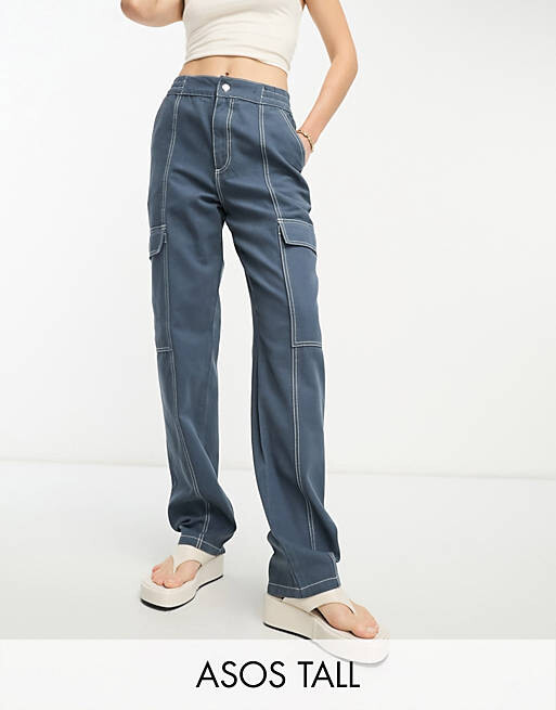 

Темно-синие брюки карго со швами и контрастной строчкой ASOS DESIGN Tall, Синий