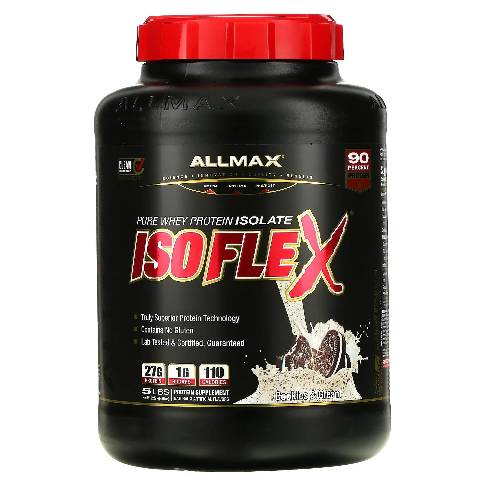 ALLMAX Nutrition Isoflex 100%-ный чистый изолят сывороточного белка (ИСБ с фильтрацией частиц заряженными ионами) печенье и сливки 2,27 кг allmax nutrition allflex комплексная формула 60 капсул