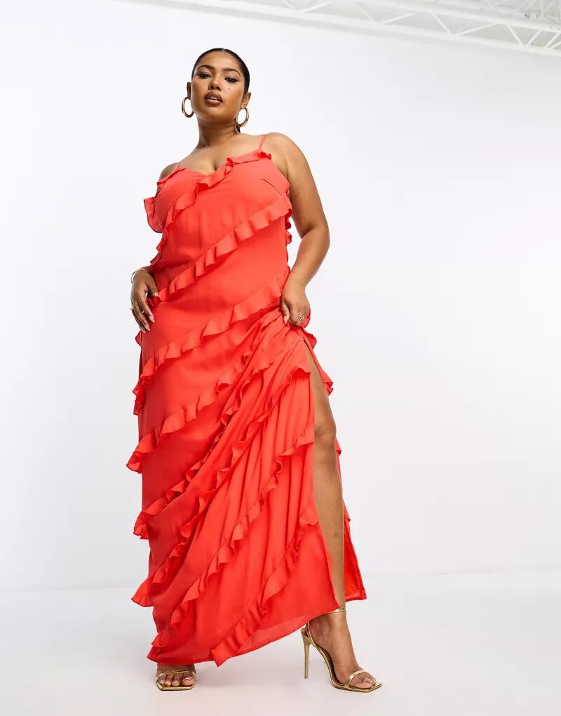 Рубиново-красное платье макси Pretty Lavish Curve с асимметричными рюшами