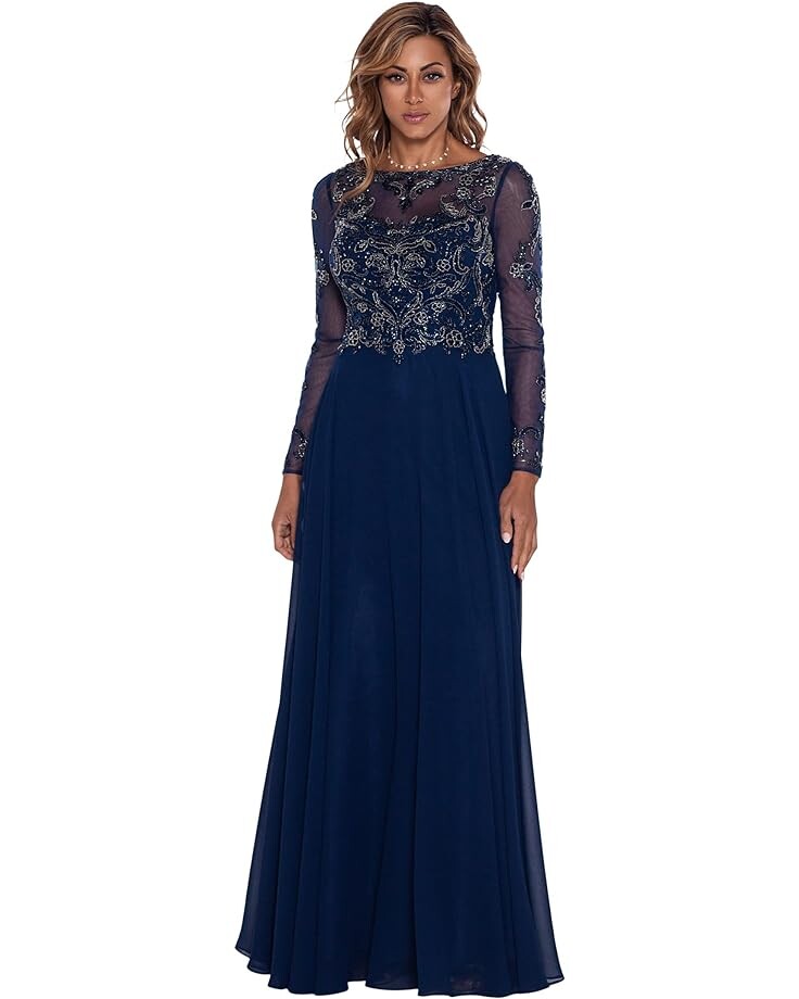 

Платье XSCAPE Long Sleeve Long Chiffon Skirt with Bead Top, цвет Navy/Antique