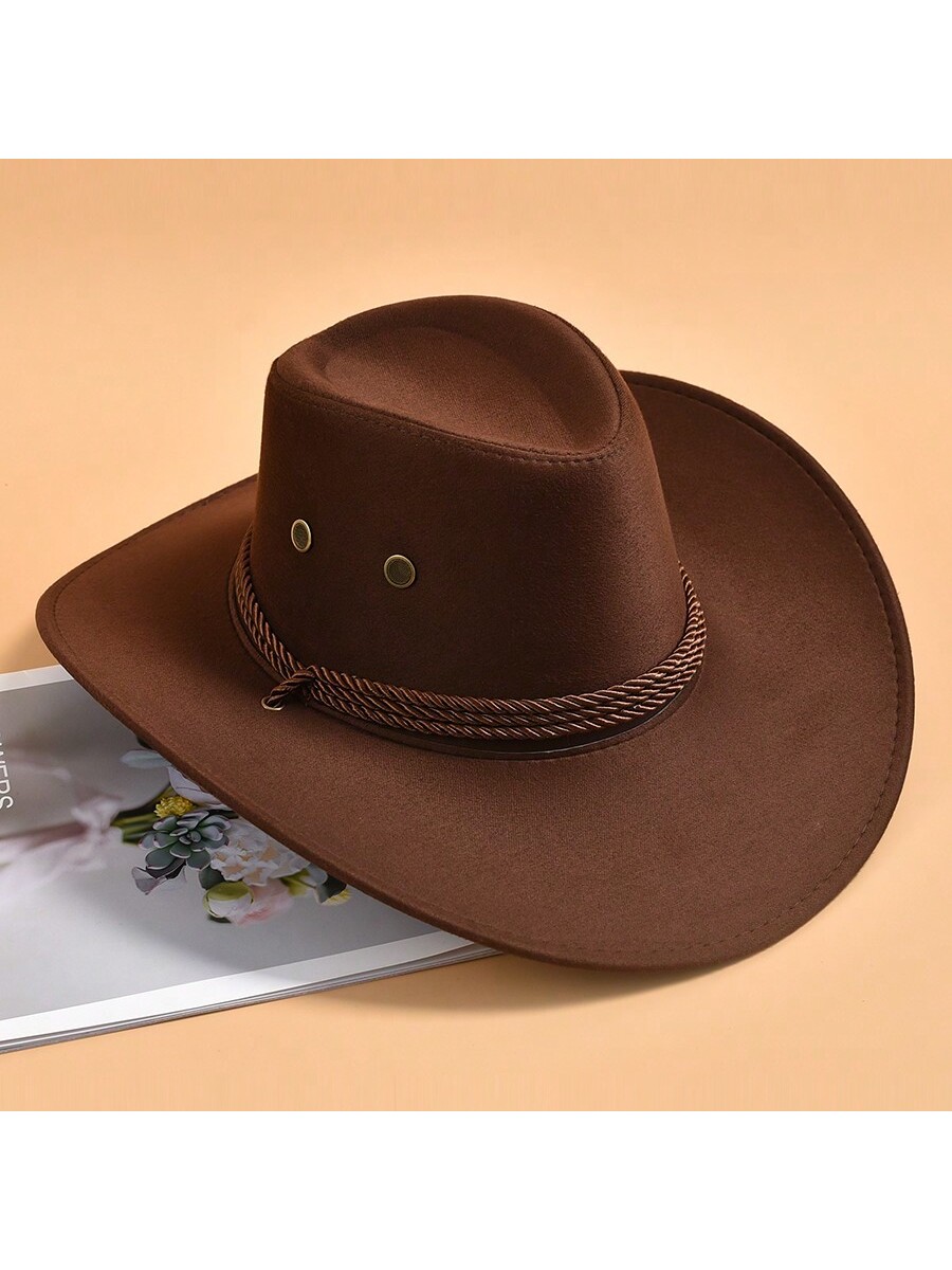 1шт однотонная западная ковбойская шляпа для мужчин с широкими полями, кофейный коричневый