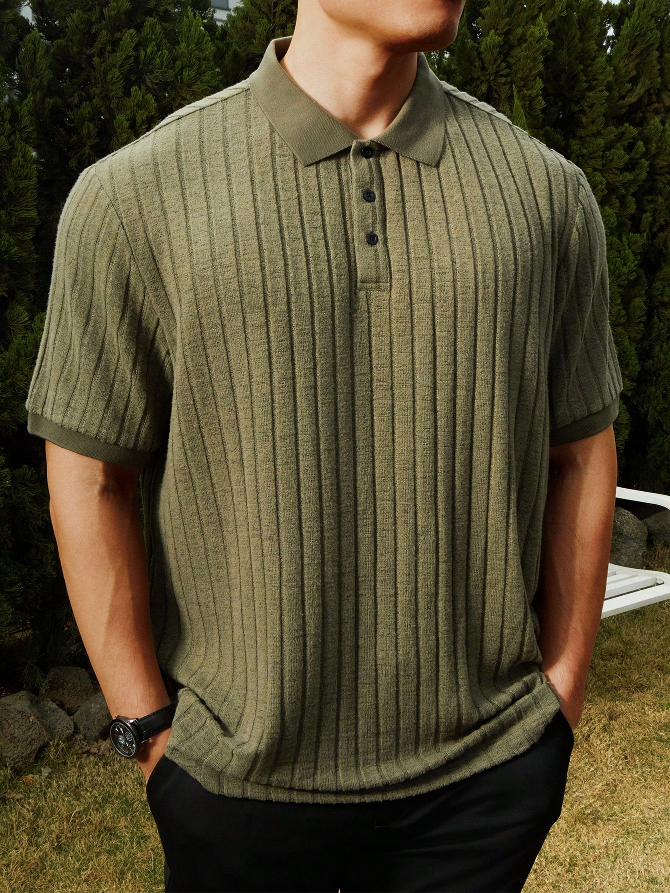 Мужская однотонная рубашка-поло в рубчик Manfinity Homme Plus, армейский зеленый