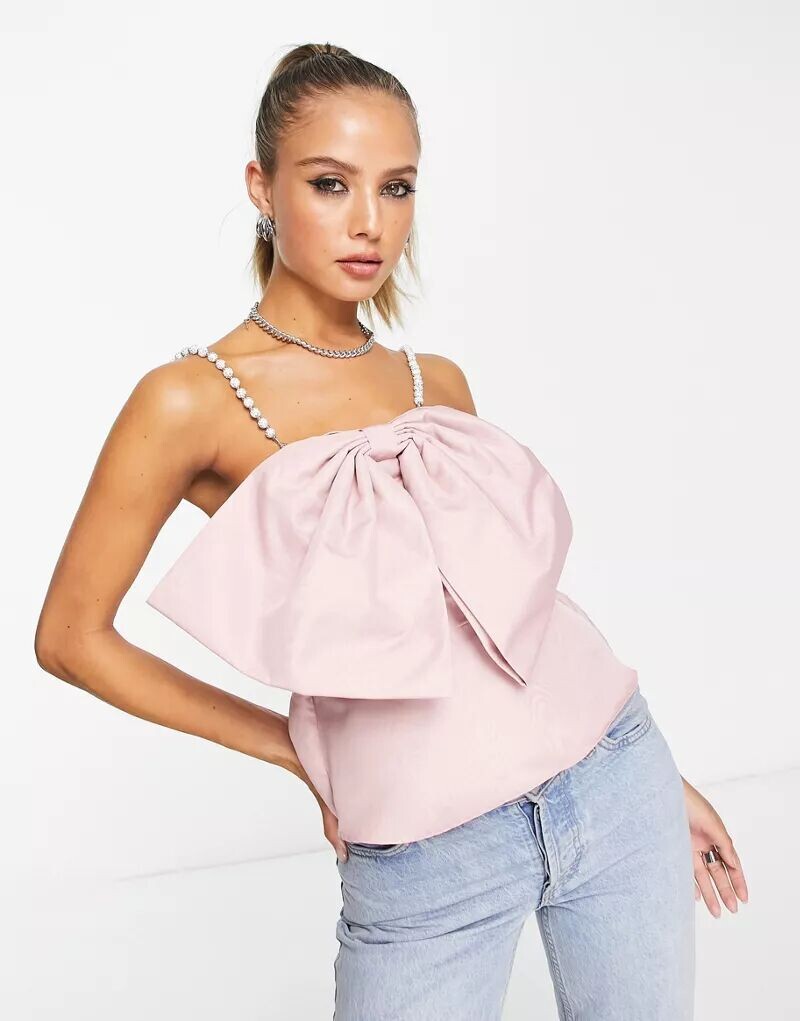 

Розовый топ на бретелях с бантом и стразами River Island
