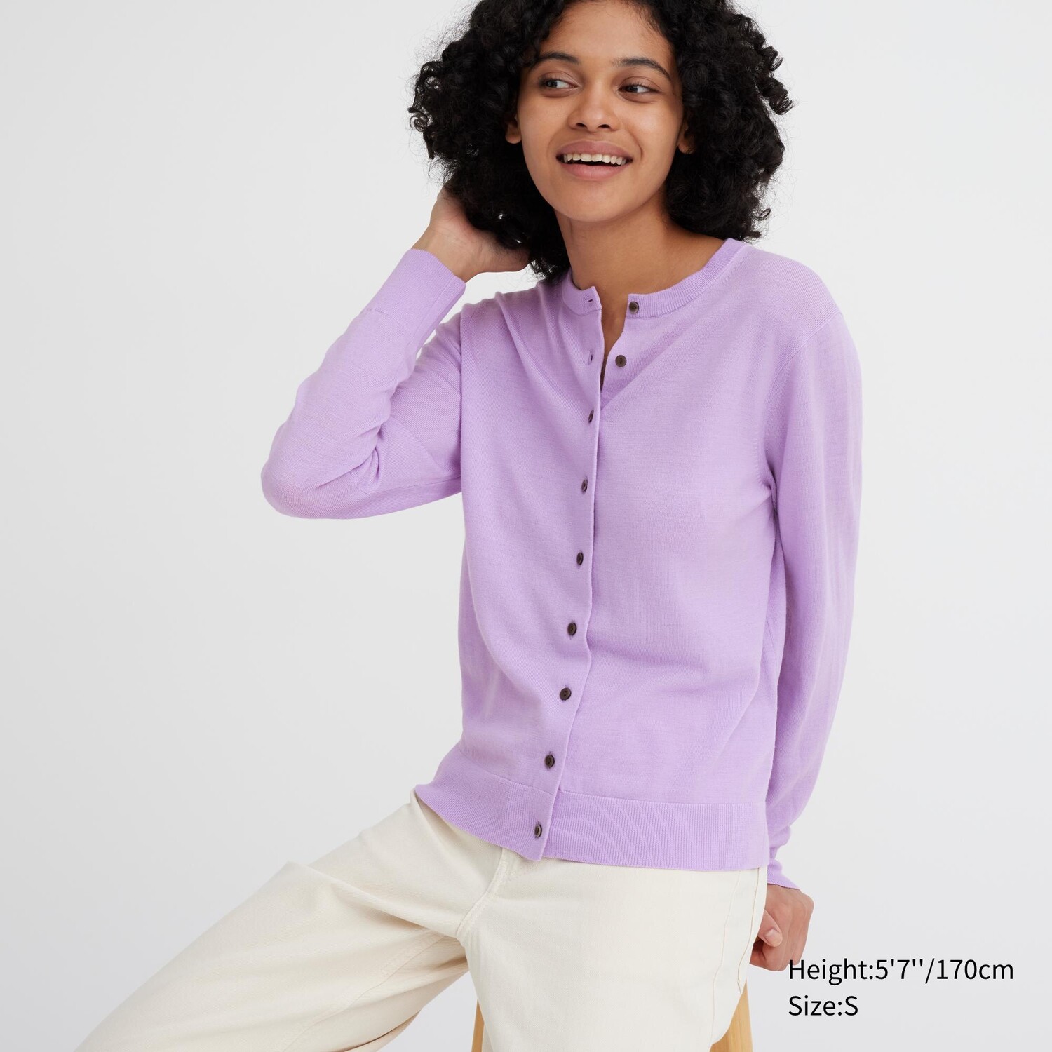 

Кардиган Uniqlo женский из шерсти мериноса с круглым вырезом, светло-фиолетовый
