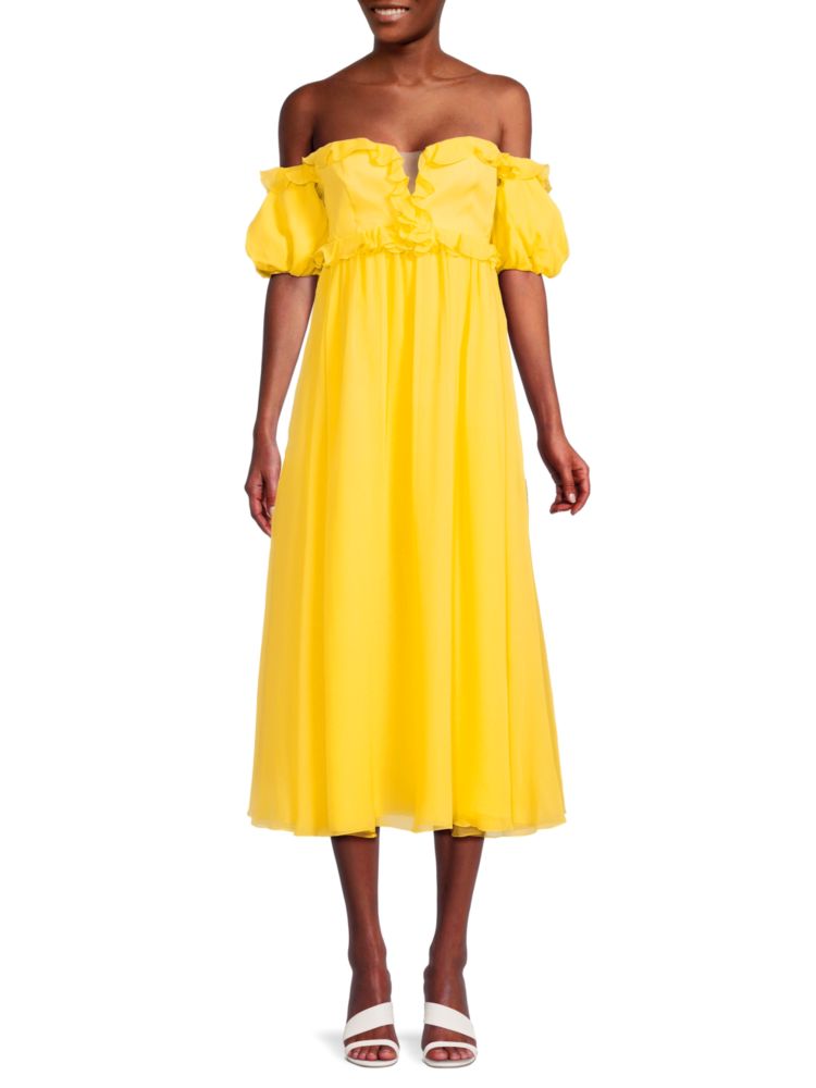 Шелковое платье с открытыми плечами и рюшами Giambattista Valli, желтый