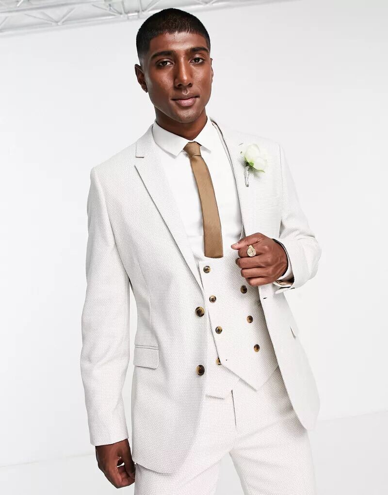 

Серый узкий пиджак ASOS Wedding с принтом «птичий глаз»