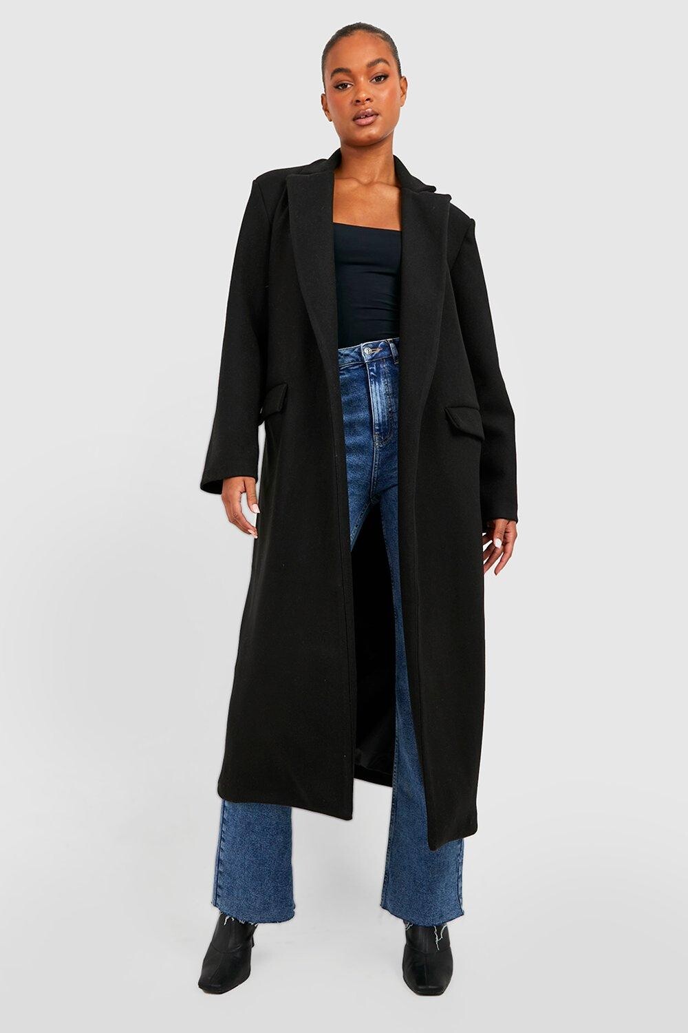 

Длинное пальто дастер из шерстяной ткани оверсайз boohoo, черный