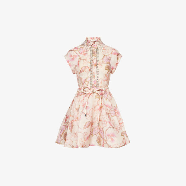 

Флип-платье мини из льна и шелка с кристаллами Zimmermann, цвет coral hibiscus