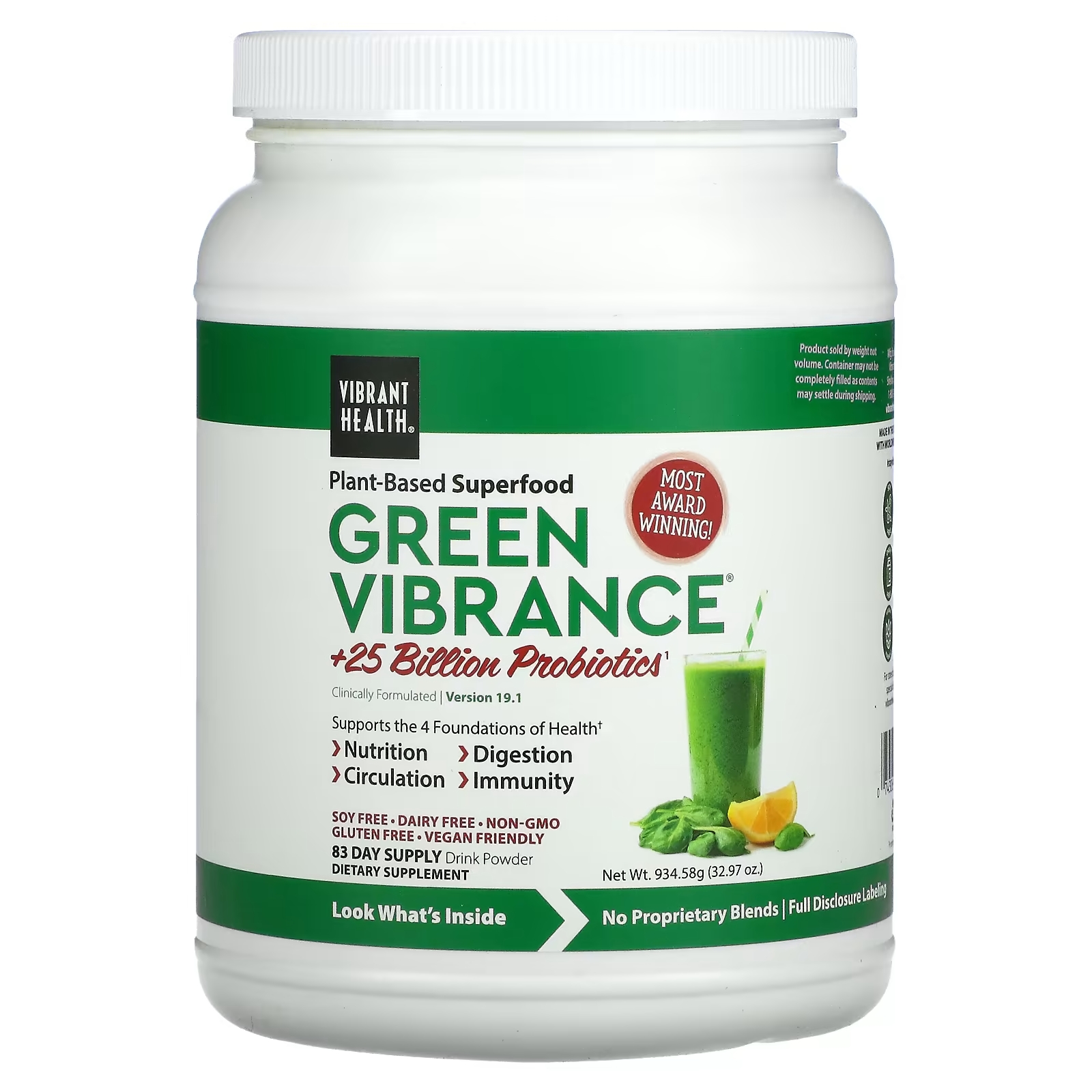 Пробиотики Vibrant Health Green Vibrance, 913 г vibrant health green vibrance 25 млрд пробиотиков версия 17 0 35 27 унц 1 кг