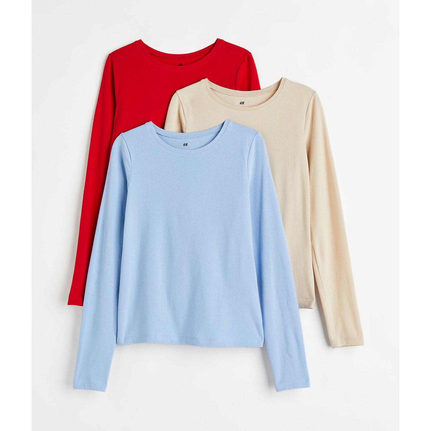 

Комплект из 3 трикотажных лонгливов H&M Basics Solid-color, красный/бежевый/голубой
