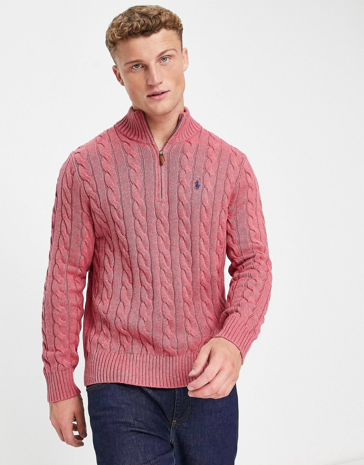 

Розовый меланжевый хлопковый вязаный джемпер с логотипом Polo Ralph Lauren