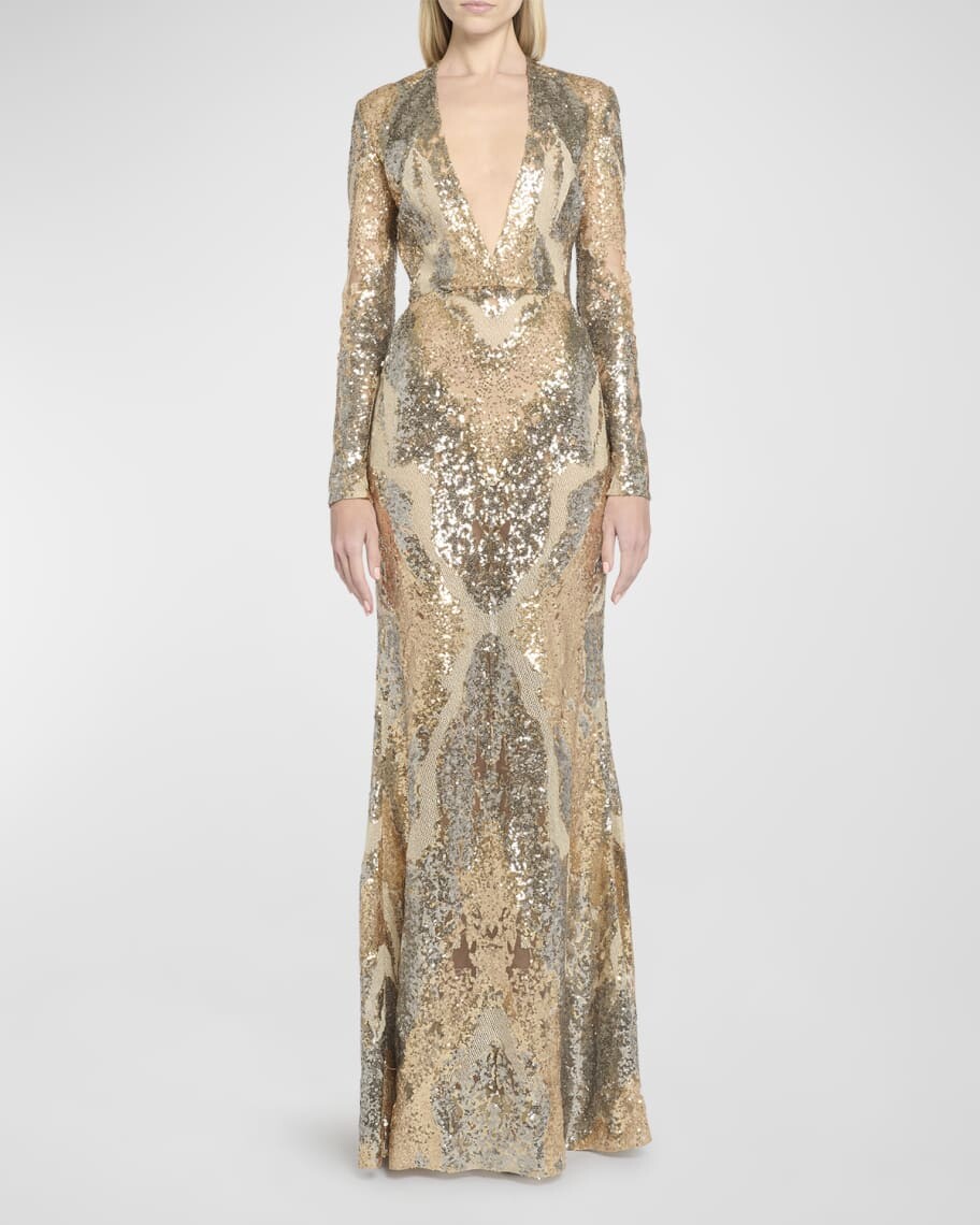

Глубокое платье из тюля с вышивкой пайетками и длинными рукавами Elie Saab
