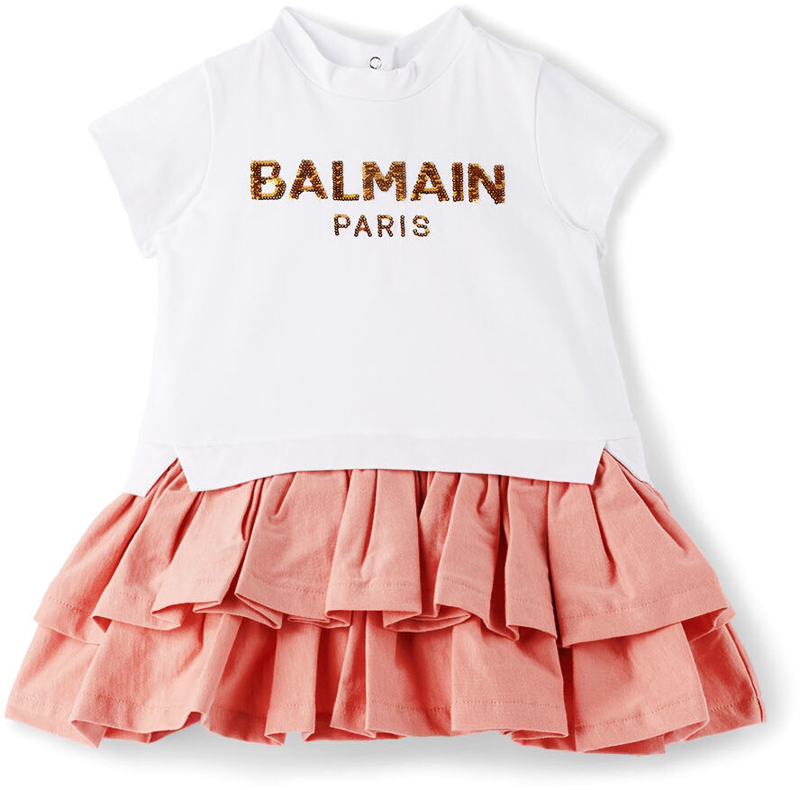 

Бело-розовое платье Baby с пайетками и логотипом с рюшами Balmain