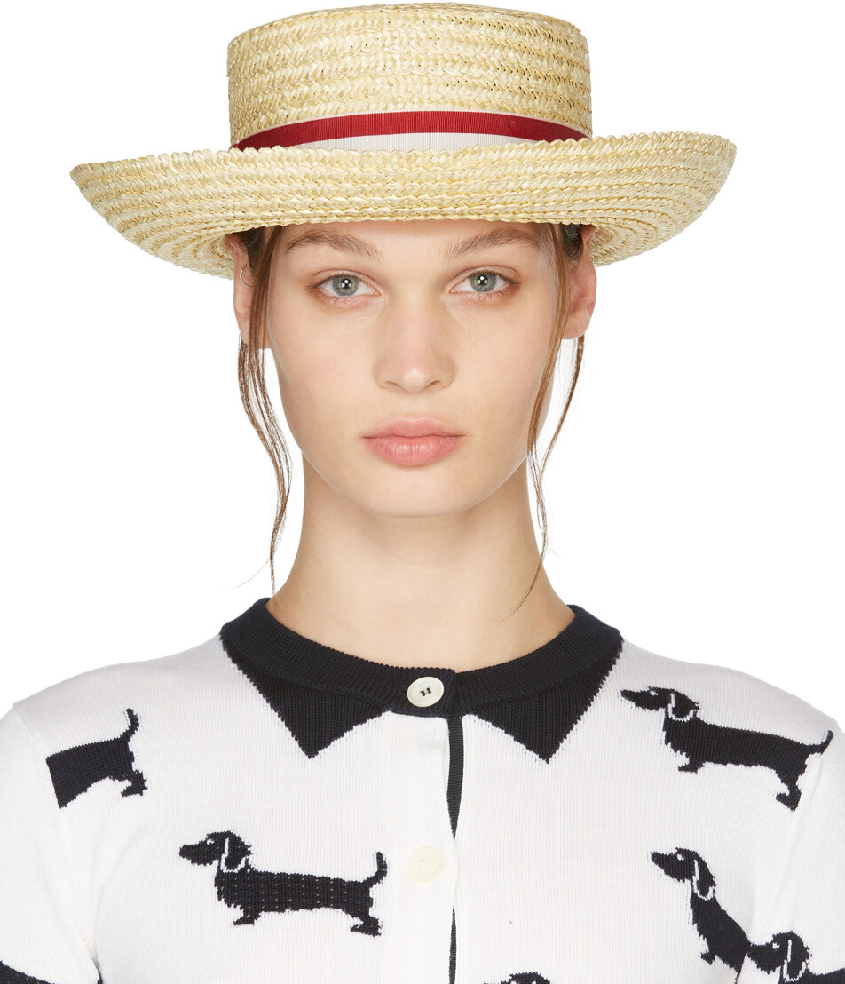 

Бежевая соломенная шляпа-канотье Thom Browne
