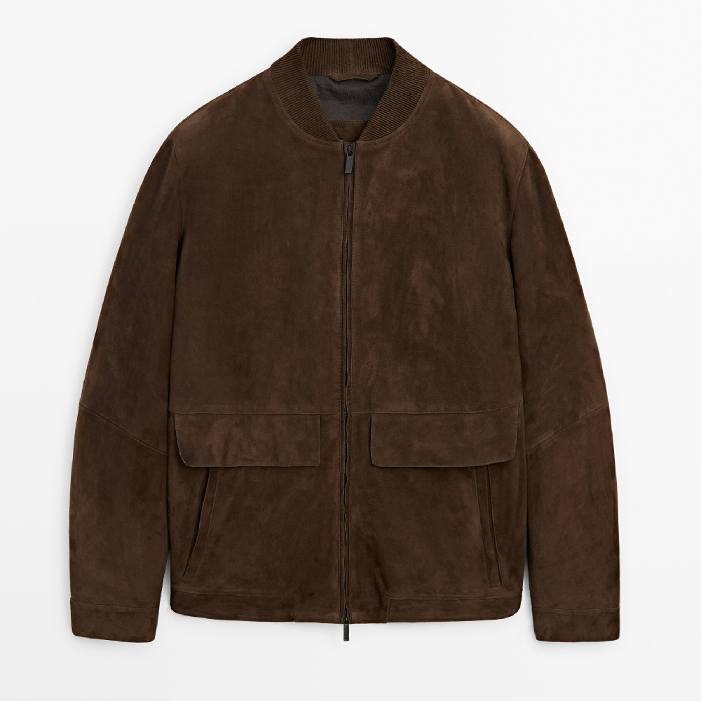 Куртка Massimo Dutti Suede Leather Bomber With Pockets, коричневый
