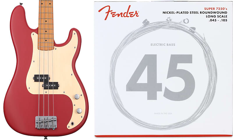 

Squier 40th Anniversary Vintage Edition Precision Bass - Satin Dakota Red Bundle со струнами Fender 7250M из никелированной стали с длинной шкалой для бас-гитары - .045-.105 Medium Squier + Fender 0379530554=1 0737250406=1