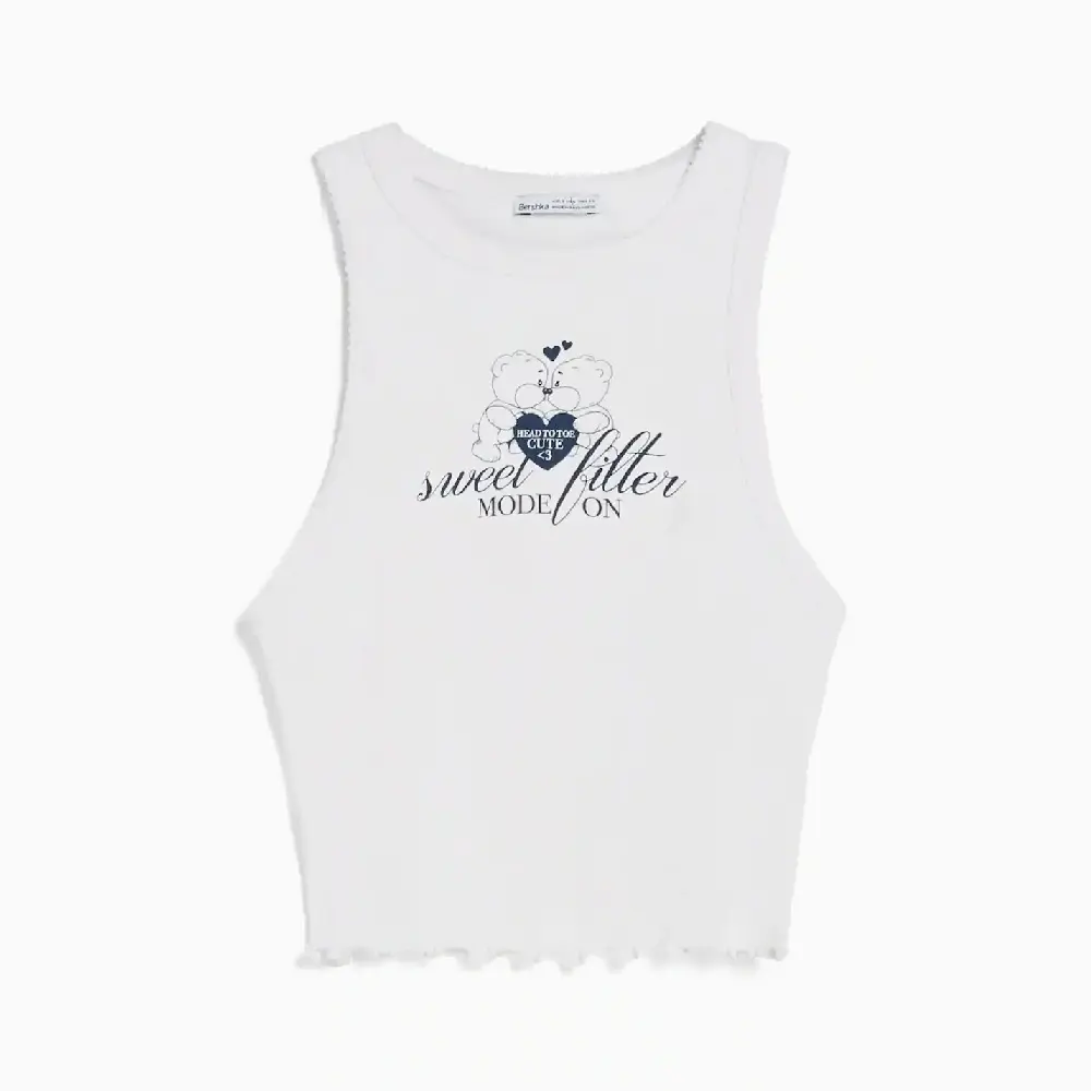 

Топ Bershka Ribbed Printed Vest, белый
