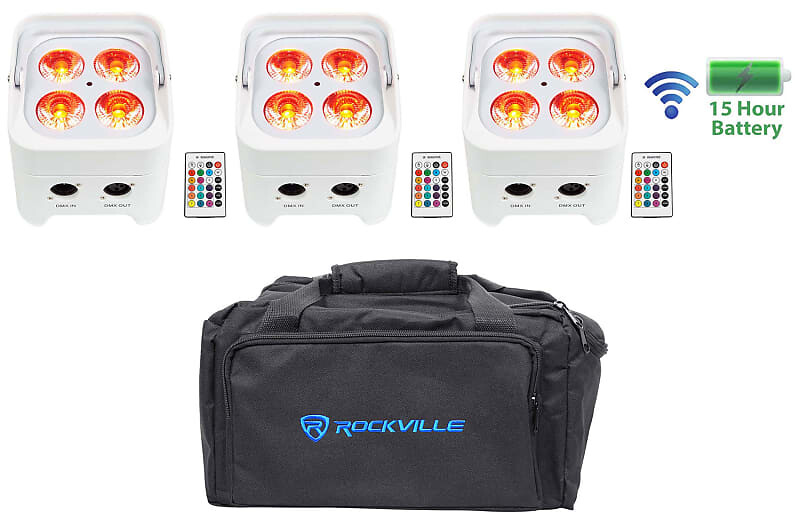 

3) Rockville BEST PAR 50 White Перезаряжаемый Par Lights Wireless DMX+RGBWA+UV+сумка (3) BEST PAR 50 WHITE+RLB80