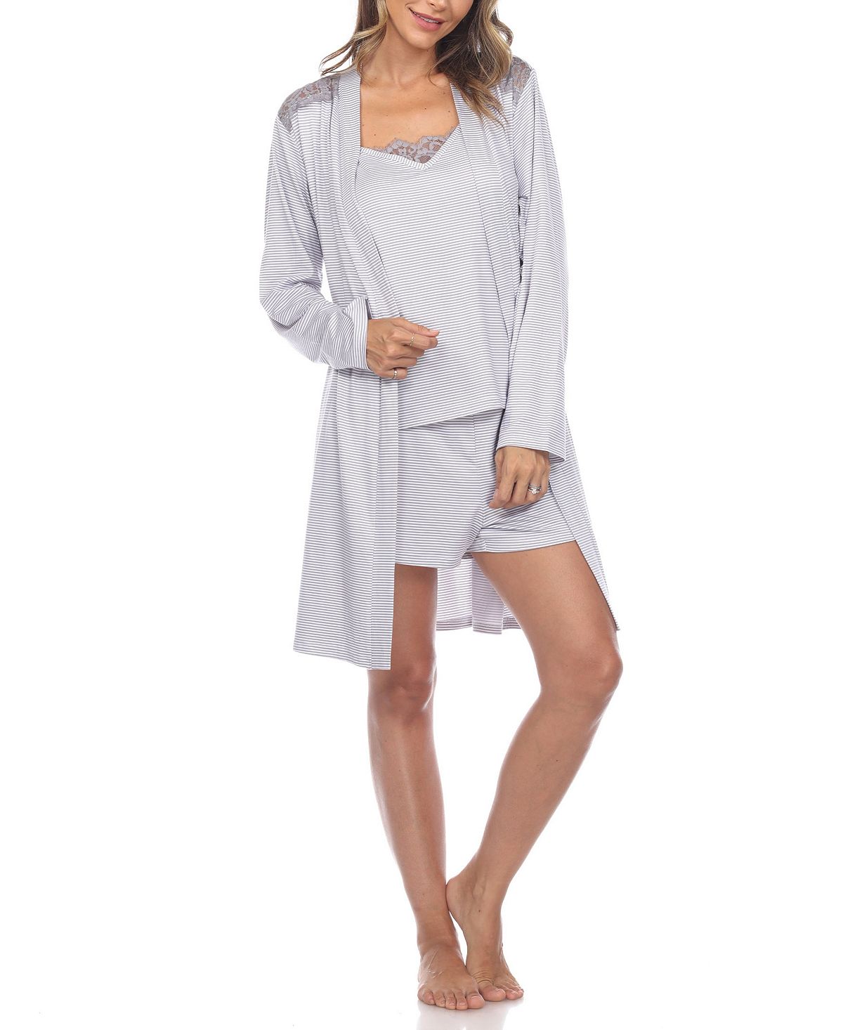 комплект халатов с вышивкой инициалы Женский комплект из 3 полосатых пижамных халатов White Mark, серый