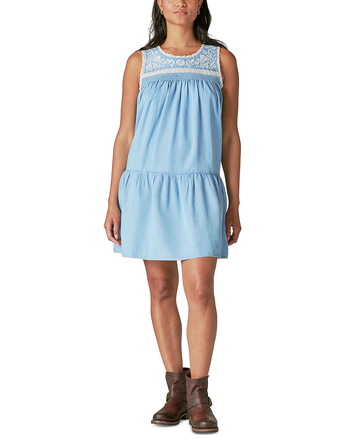 Женское мини-платье из шамбре с вышивкой Lucky Brand, мульти женское платье поповер без рукавов с вышивкой lucky brand