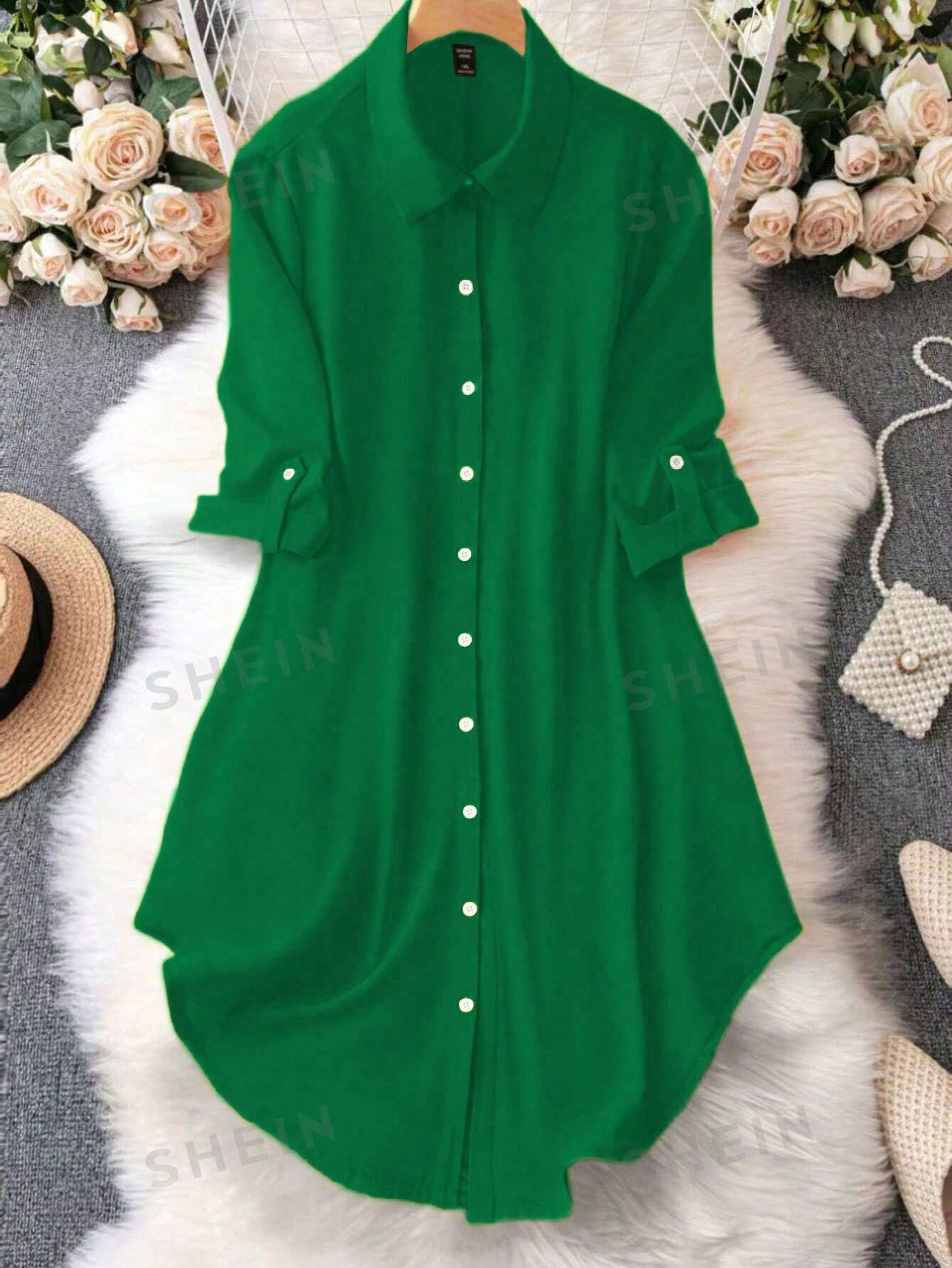 SHEIN LUNE Женское платье с принтом и пуговицами спереди, зеленый блейзер с закатанными рукавами zara фиолетовый