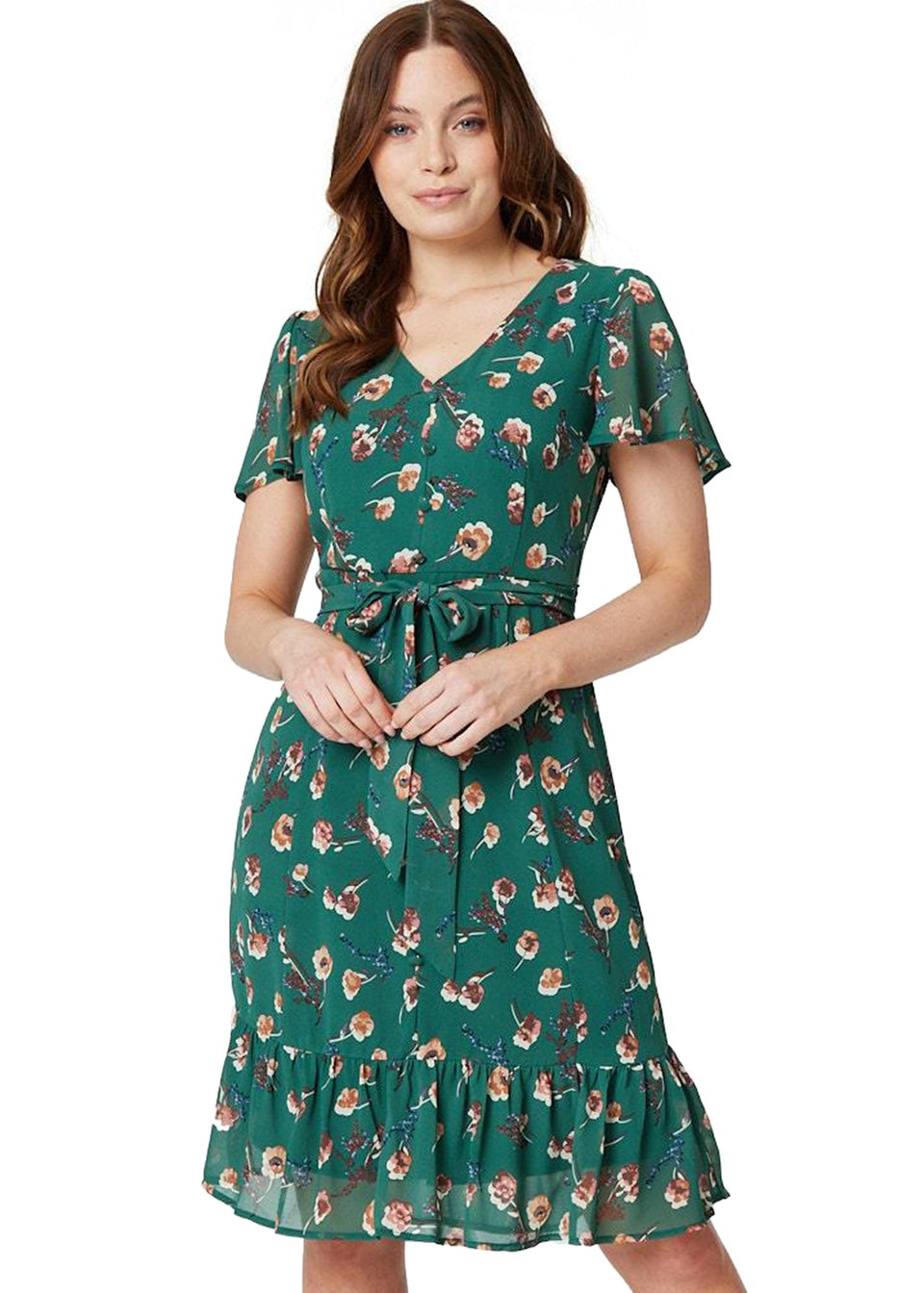 Izabel London Зеленое чайное платье с рукавами ангела и цветочным принтом