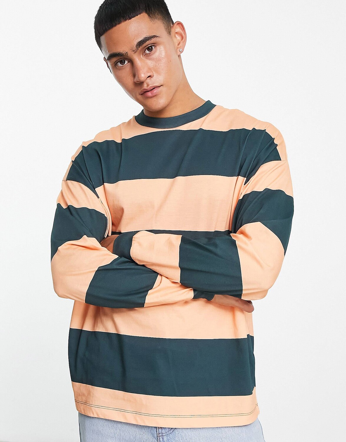 

Оранжево-зеленая футболка оверсайз в полоску с длинными рукавами ASOS DESIGN