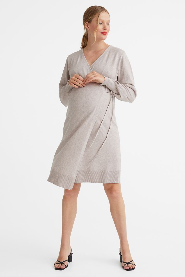 

MAMA Трикотажное платье с запахом H&M, пшеничный меланж бежевый